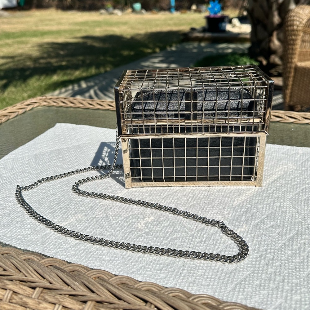 Silver and Black Cage Clutch with Chain